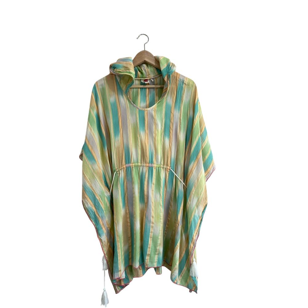 Anthropologie Lilka Hooded Swim Cover Up Green Yellow Stripe Poncho XS/S